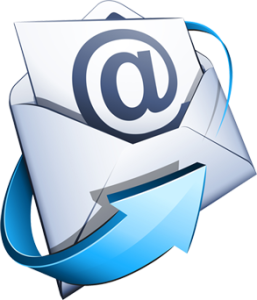 Um ícone representando um envelope branco aberto com um grande símbolo "@" azul em uma folha de papel dentro. Uma seta azul circunda o envelope, sugerindo e-mail ou comunicação eletrônica.